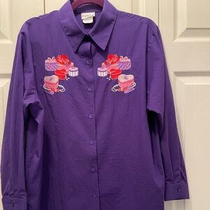 BonWorth Purple Red Hat Boxes Polyester Button down Blouse Size Large Petite